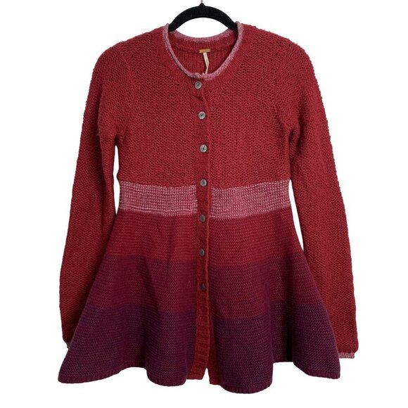 Free People XS Red Gradient Angora Wool Knit Long Cardigan Sweater Peplum Chunky - Picture 1 of 7